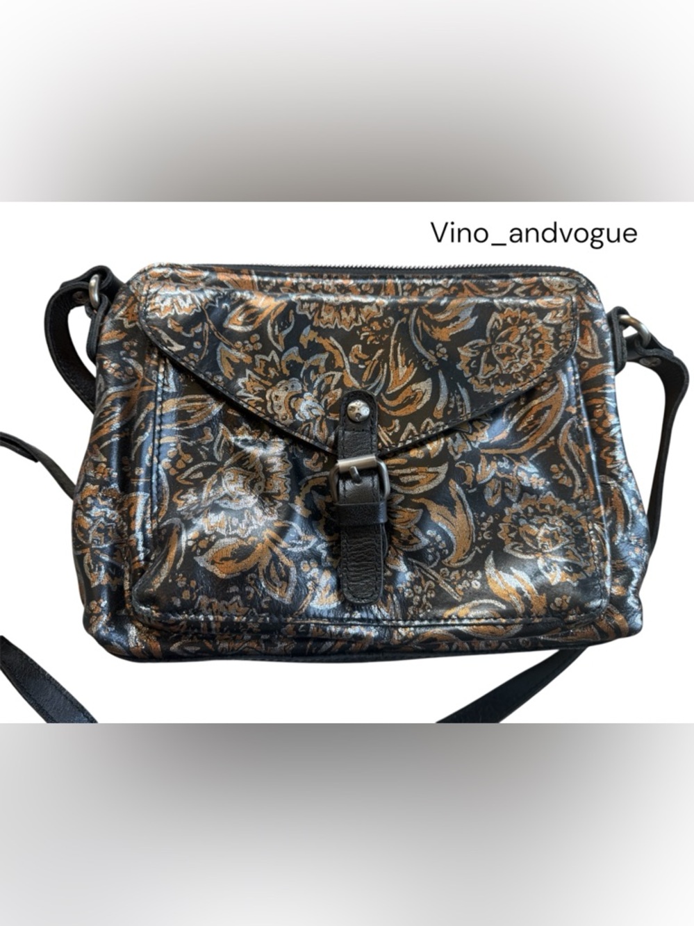 Patricia Nash metallic shimmer black & gold floral crossbody satchel EUC! - Picture 8 of 9